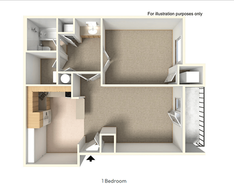A 3D floor plan of a one bedroom apartment.